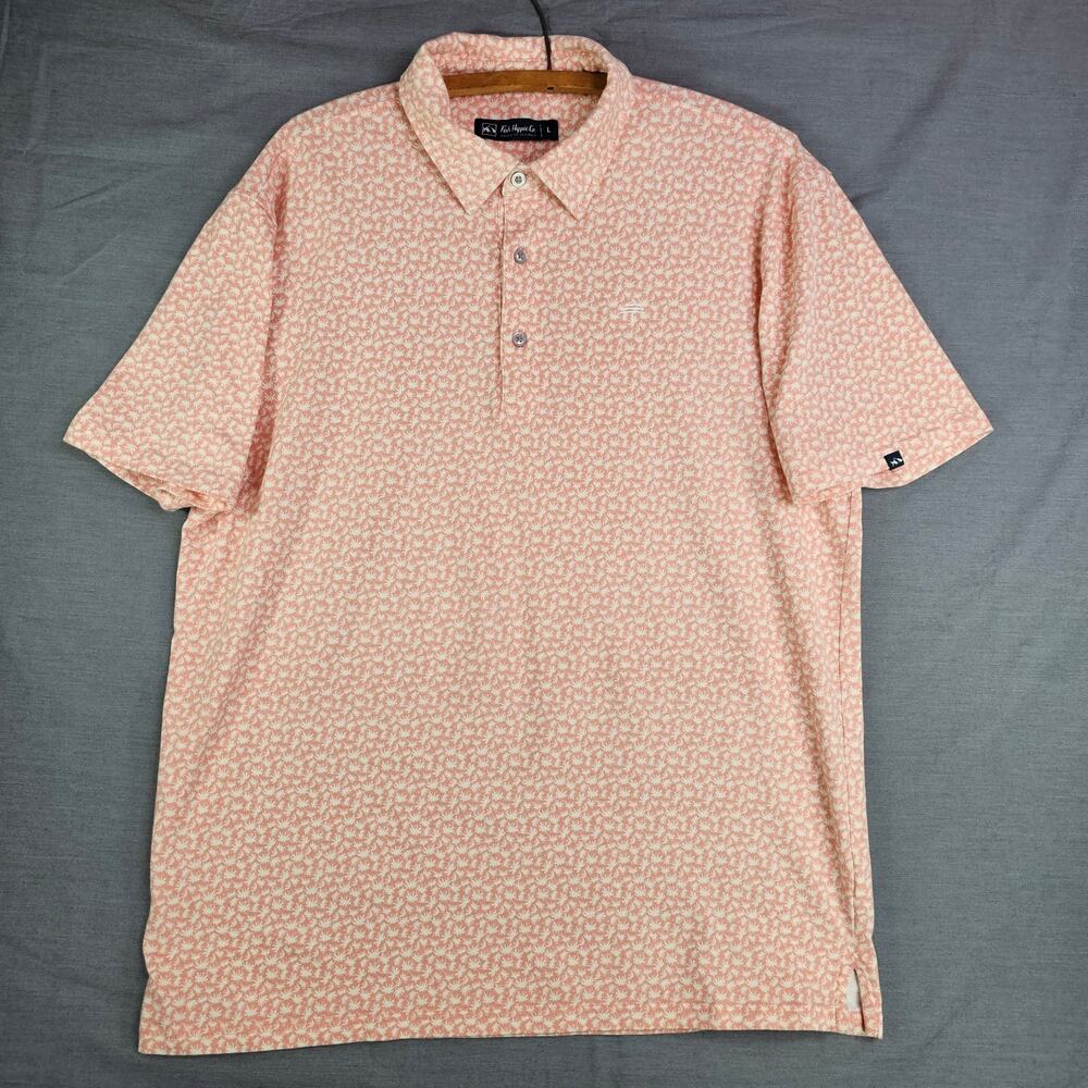 Fish Hippie Co Short Sleeve Polo Pink w/Palm Tree Pattern Men's Large
